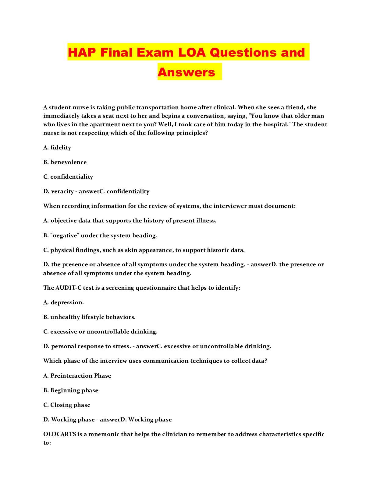 Preview image of HAP Final Exam LOA Questions and Answers document